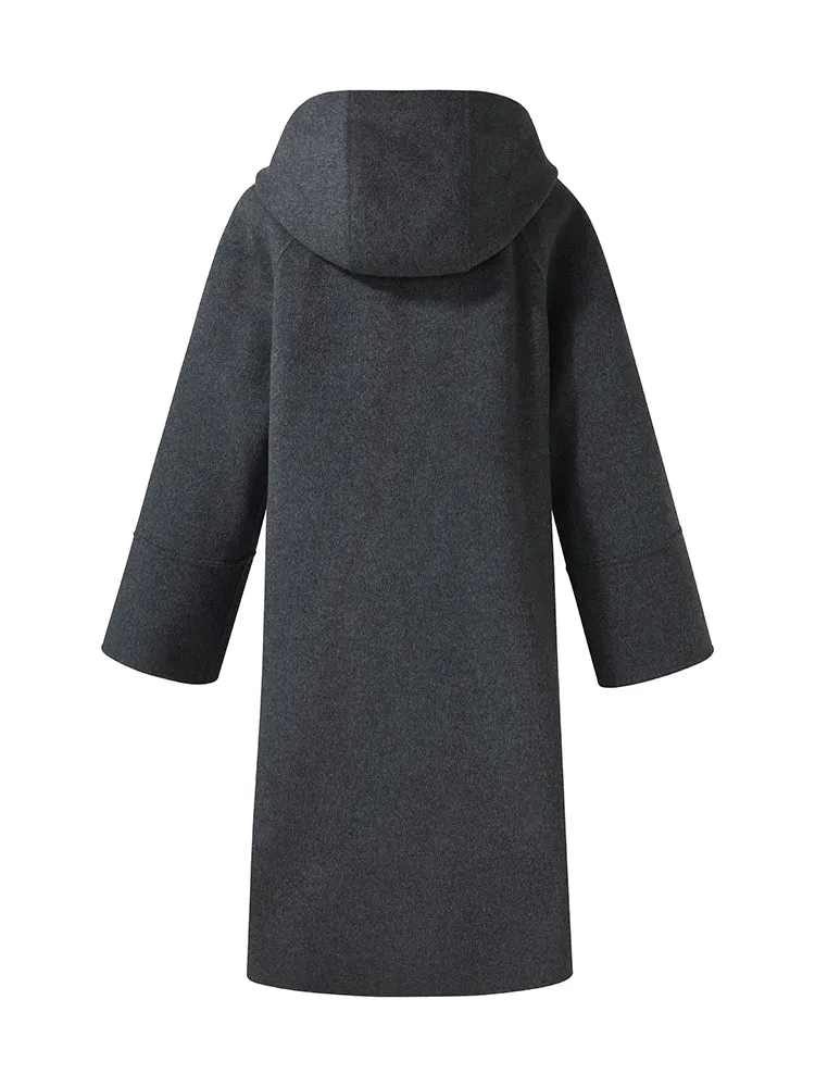 100% Wool Double-Faced Hooded Zip-Up Women Overcoat