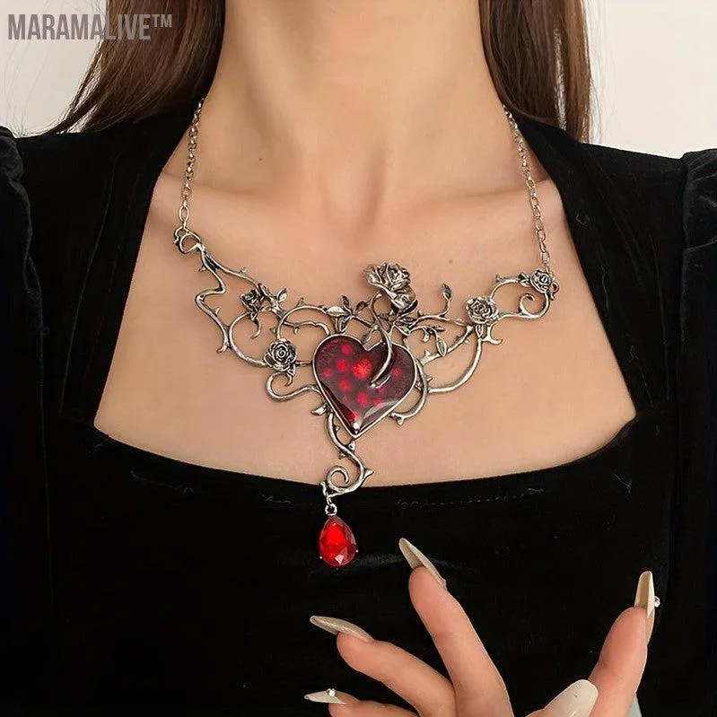 1pc Gothic Dark Style Rhinestone Inlaid Collar Choker Clavicle Chain For Valentine's Day Party Heart Branch Flower Necklace