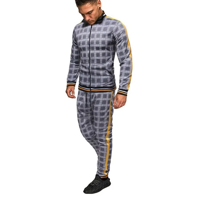 2020 Gentlemen Tracksuit men Fashion Sporting Suit Men Sets Brand Plaid Zipper Sweatshirt Sweatpants Mens Clothing 2 Pieces Sets