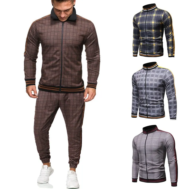 2020 Gentlemen Tracksuit men Fashion Sporting Suit Men Sets Brand Plaid Zipper Sweatshirt Sweatpants Mens Clothing 2 Pieces Sets