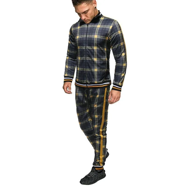 2020 Gentlemen Tracksuit men Fashion Sporting Suit Men Sets Brand Plaid Zipper Sweatshirt Sweatpants Mens Clothing 2 Pieces Sets