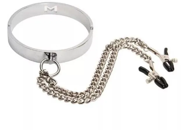 2502DL      Chrome Steel Bondage Collar with Adjustable Nipple Clamps