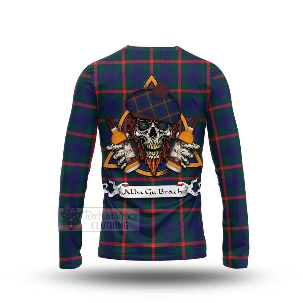 Agnew Tartan Long Sleeve T-Shirt with Family Crest and Bearded Skull Holding Bottles of Whiskey