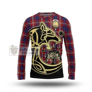 Ainslie Tartan Long Sleeve T-Shirt with Family Crest Celtic Wolf Style