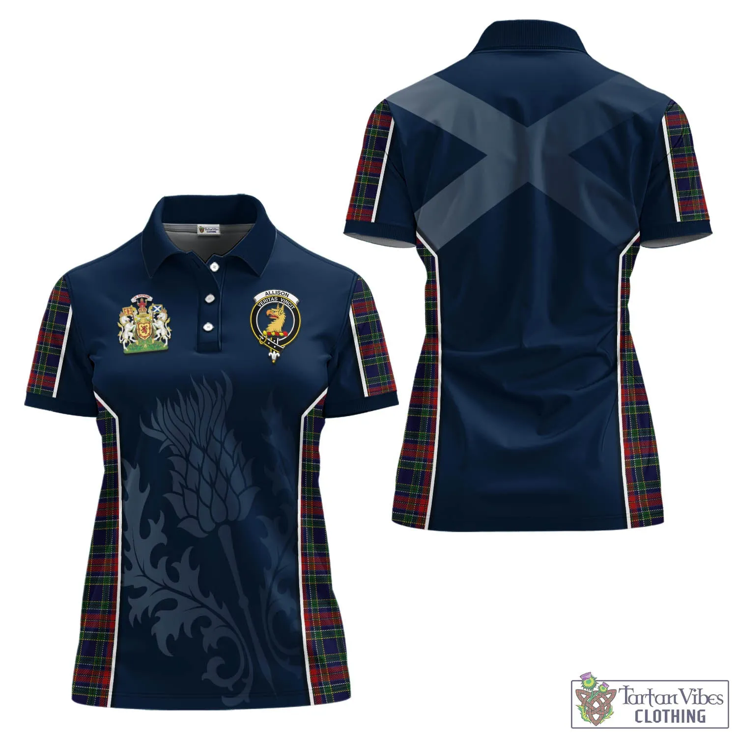 Allison Red Tartan Women's Polo Shirt with Family Crest and Scottish Thistle Vibes Sport Style