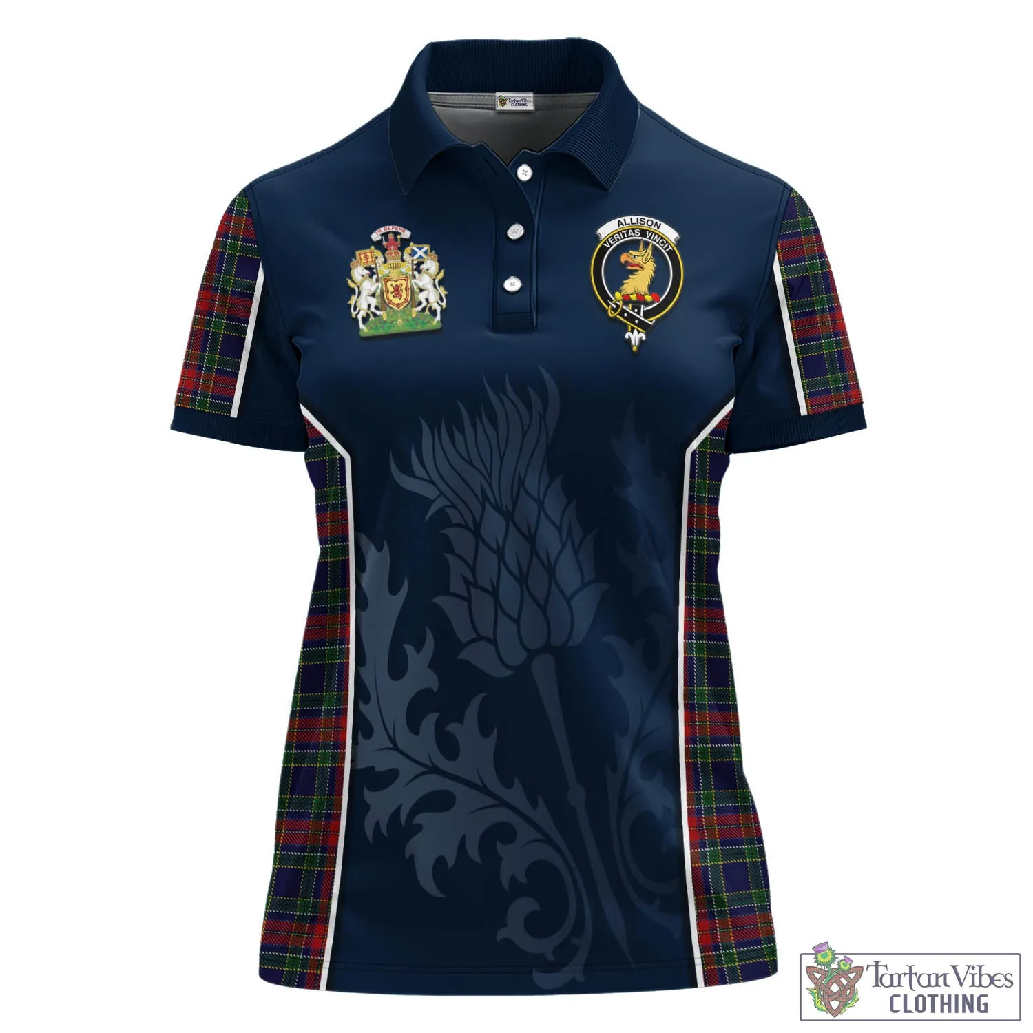 Allison Red Tartan Women's Polo Shirt with Family Crest and Scottish Thistle Vibes Sport Style