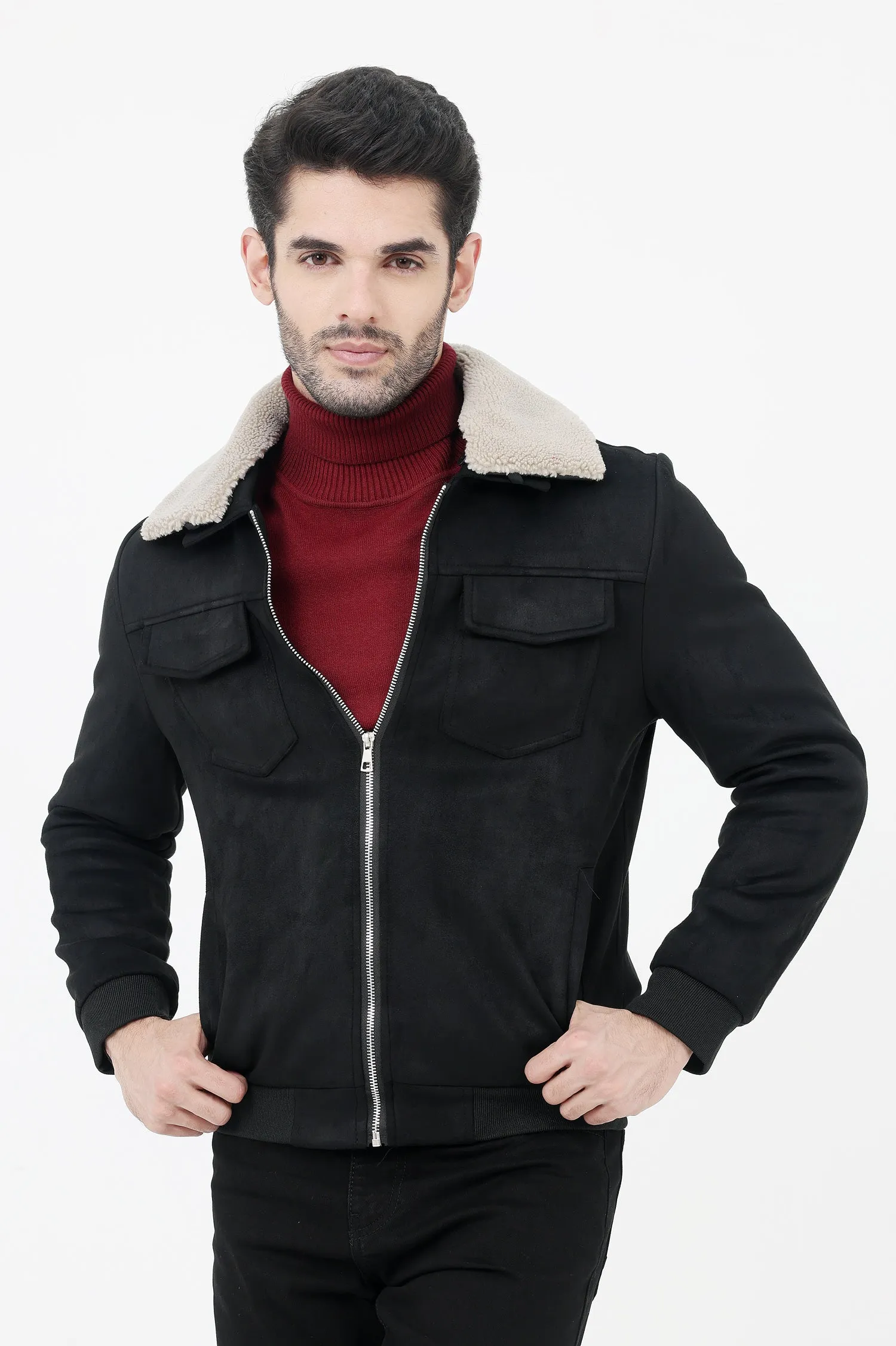 ALMAS URBAN SUEDE JACKET WITH FUR COLLAR-BLACK