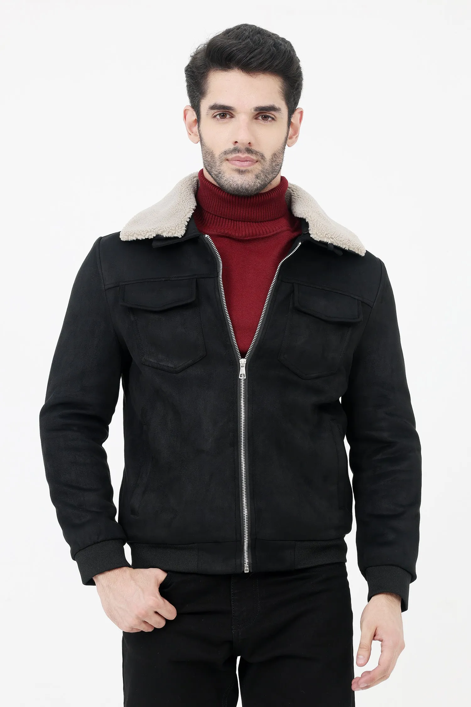 ALMAS URBAN SUEDE JACKET WITH FUR COLLAR-BLACK