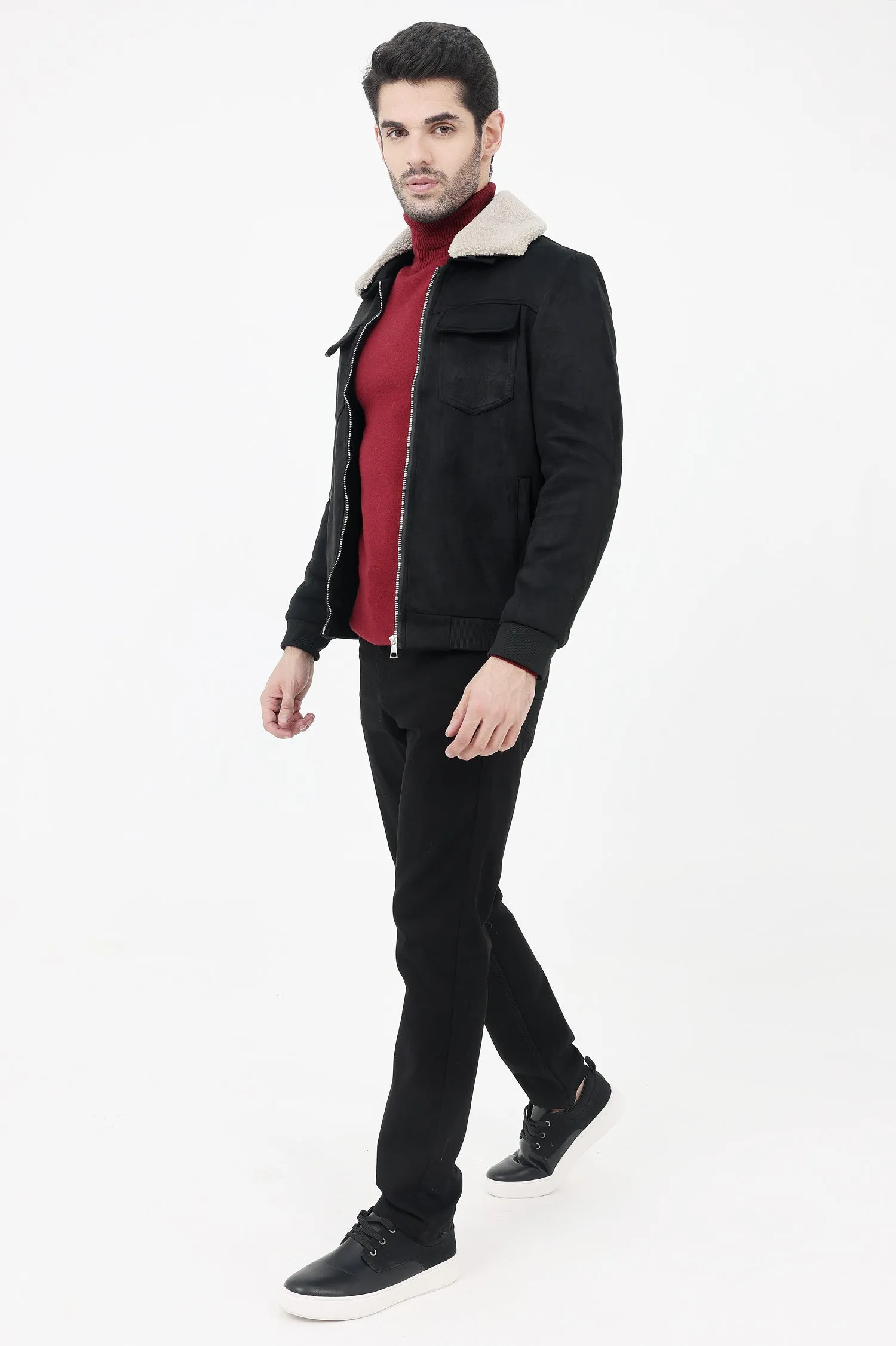 ALMAS URBAN SUEDE JACKET WITH FUR COLLAR-BLACK