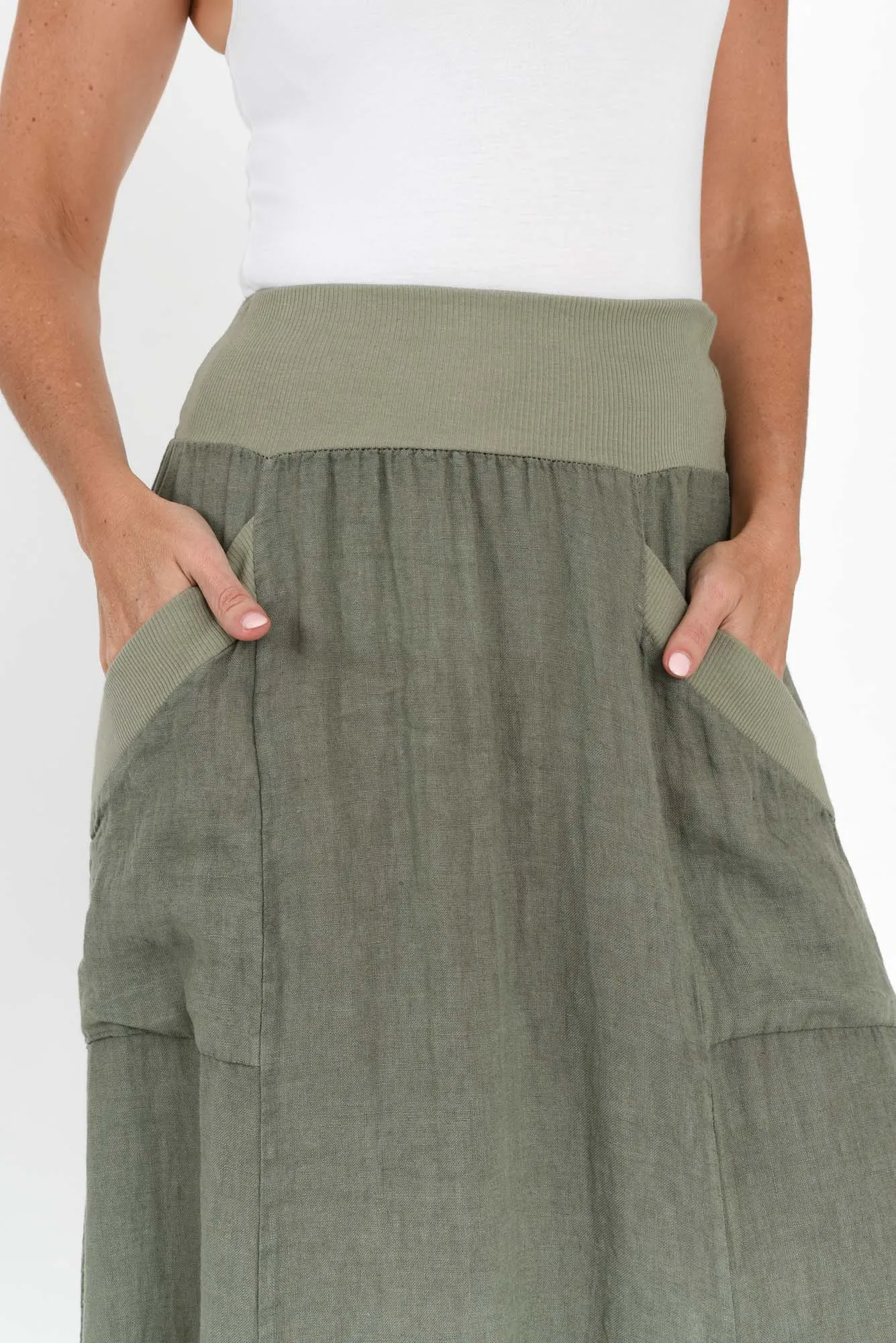 Ani Khaki Linen Pocket Maxi Skirt