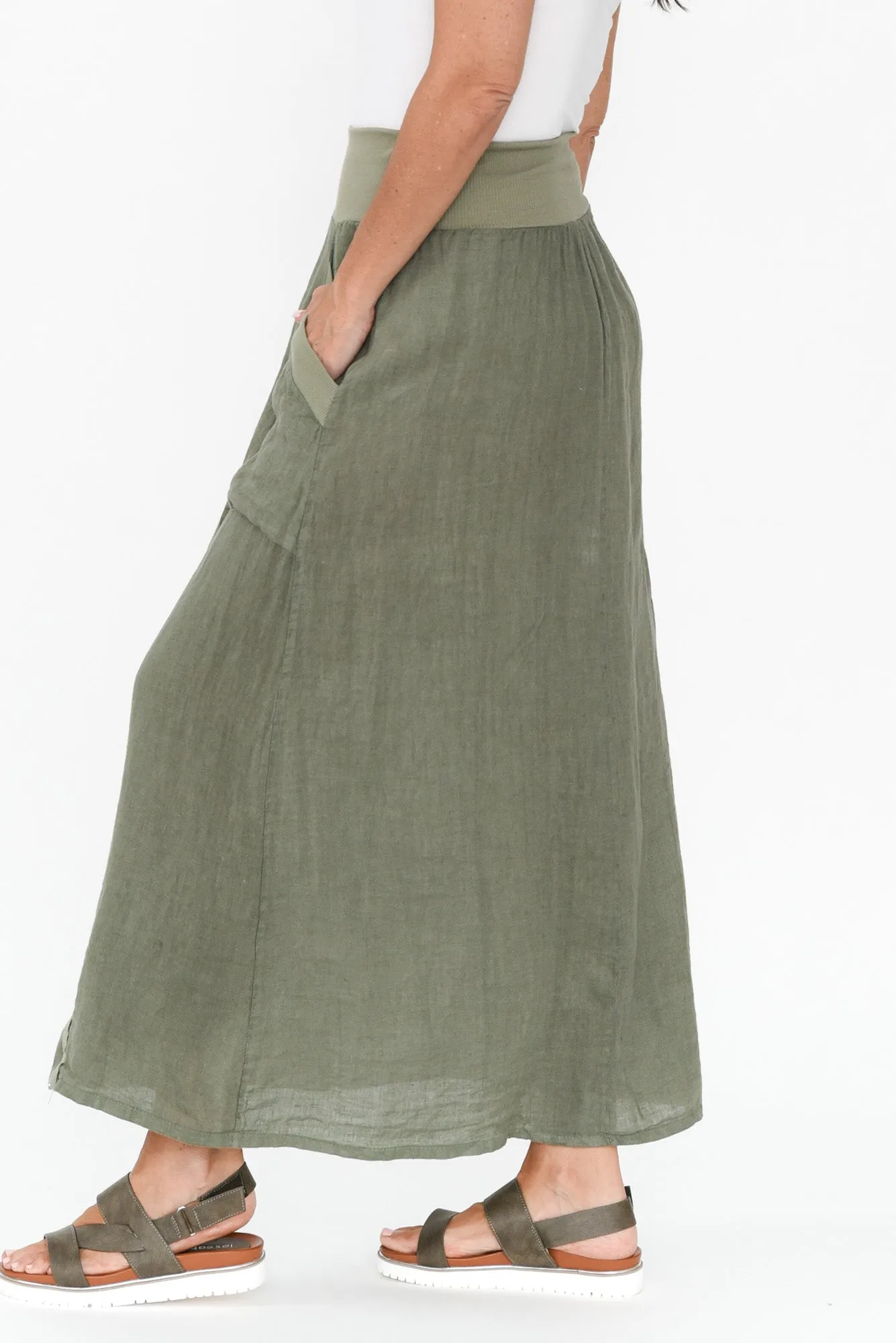 Ani Khaki Linen Pocket Maxi Skirt