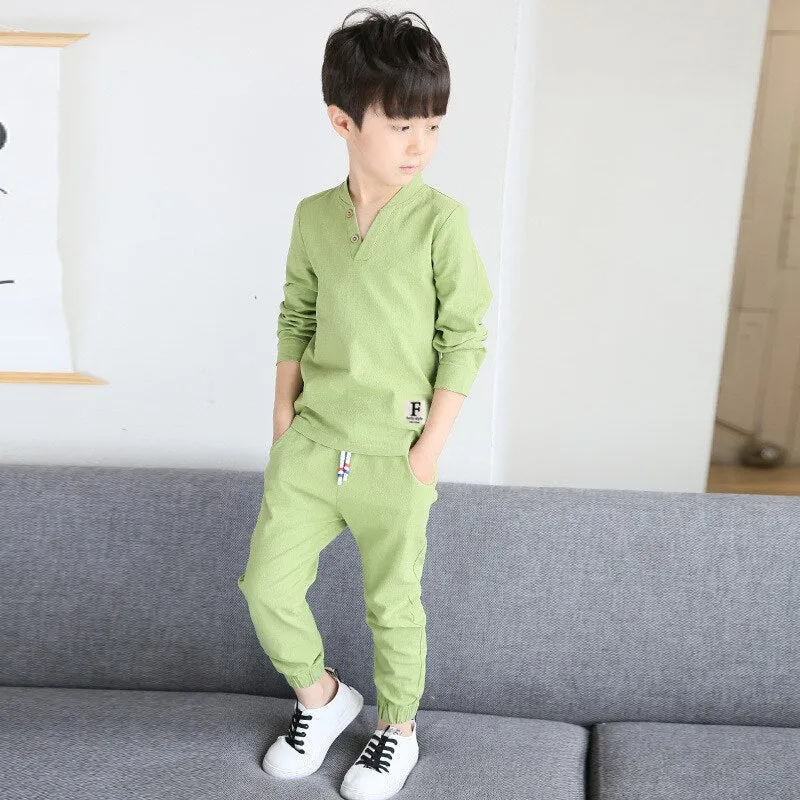 Autumn Style New Boy Cotton-padded Long Sleeve Children's  Wear V Collar Pure Cotton and Linen Two-piece Suit 4-12 Ages Clothes