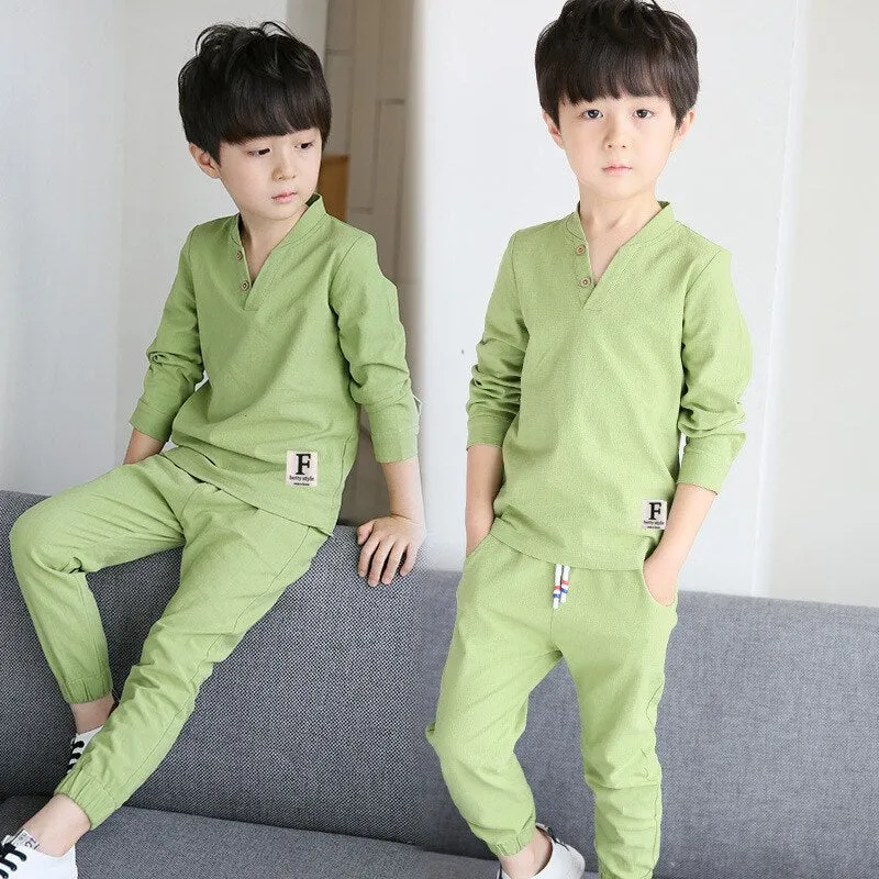 Autumn Style New Boy Cotton-padded Long Sleeve Children's  Wear V Collar Pure Cotton and Linen Two-piece Suit 4-12 Ages Clothes