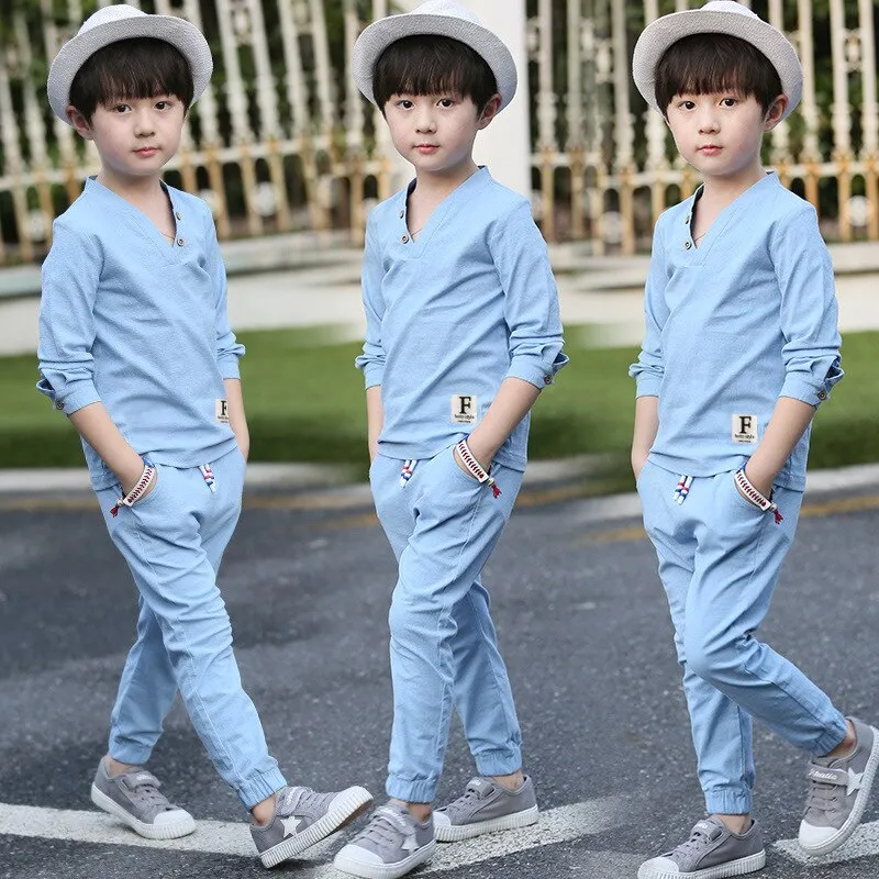 Autumn Style New Boy Cotton-padded Long Sleeve Children's  Wear V Collar Pure Cotton and Linen Two-piece Suit 4-12 Ages Clothes