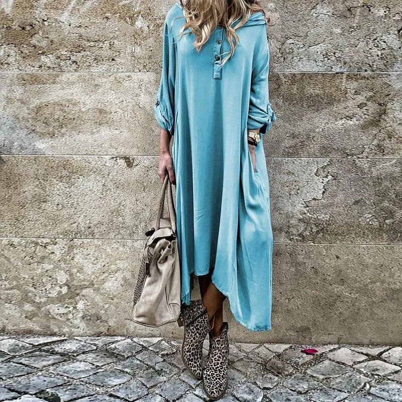 Autumn Women Long Sleeve Casual Buttons Loose Maxi  Ladies Fashion Dress