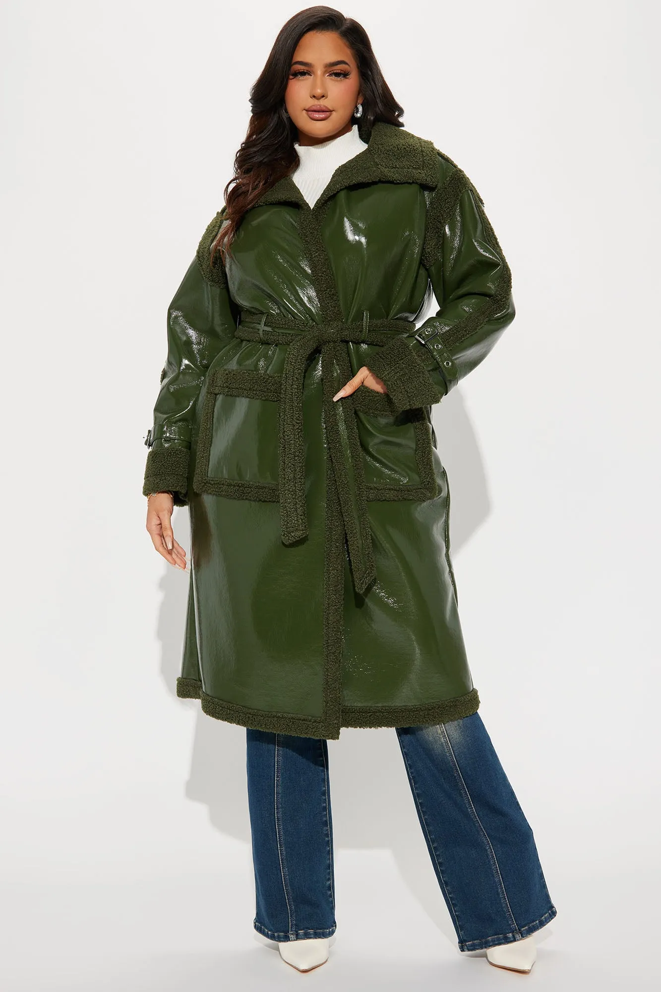 Bad Ideas Shearling Trench Coat - Olive