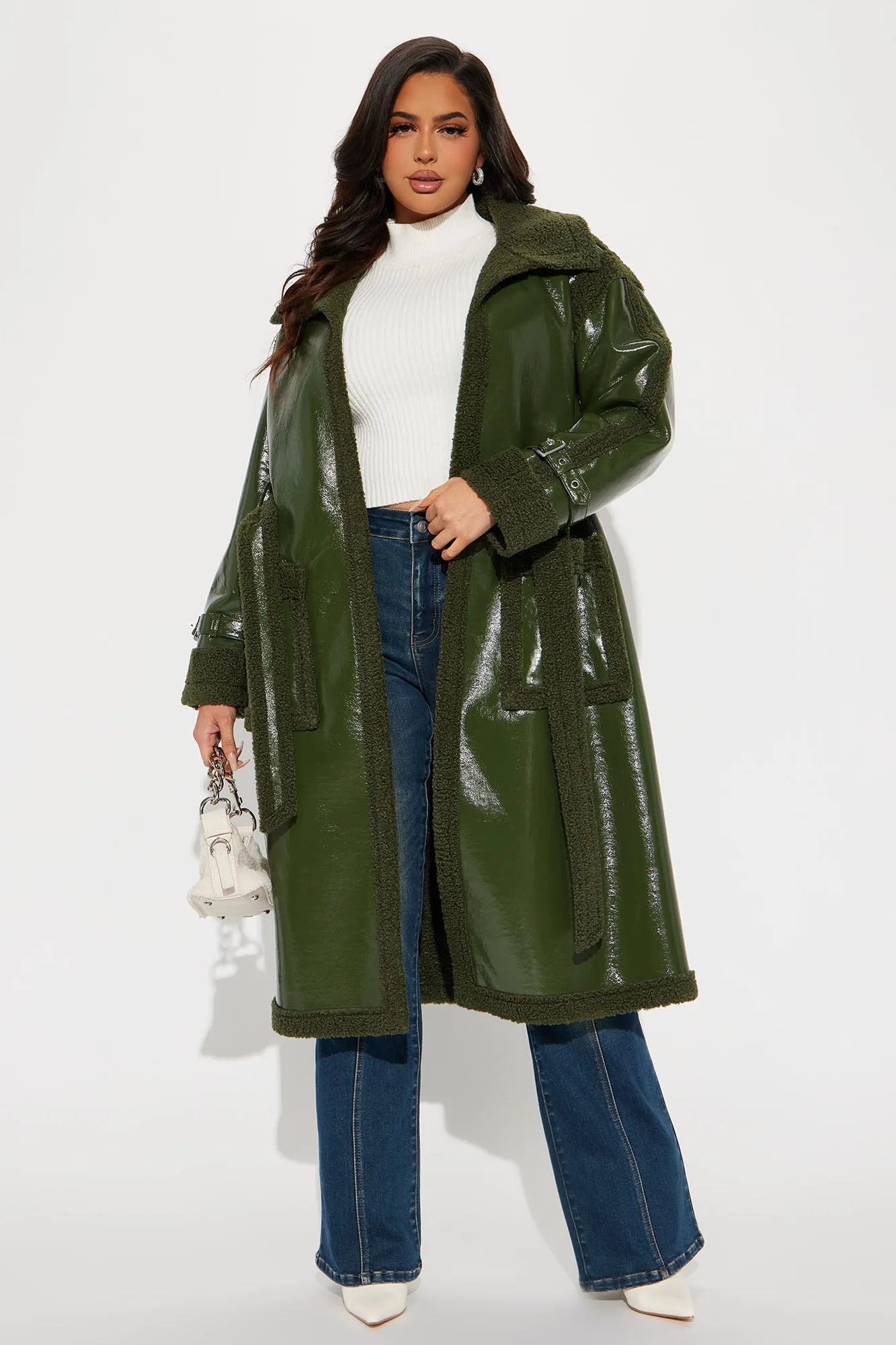 Bad Ideas Shearling Trench Coat - Olive