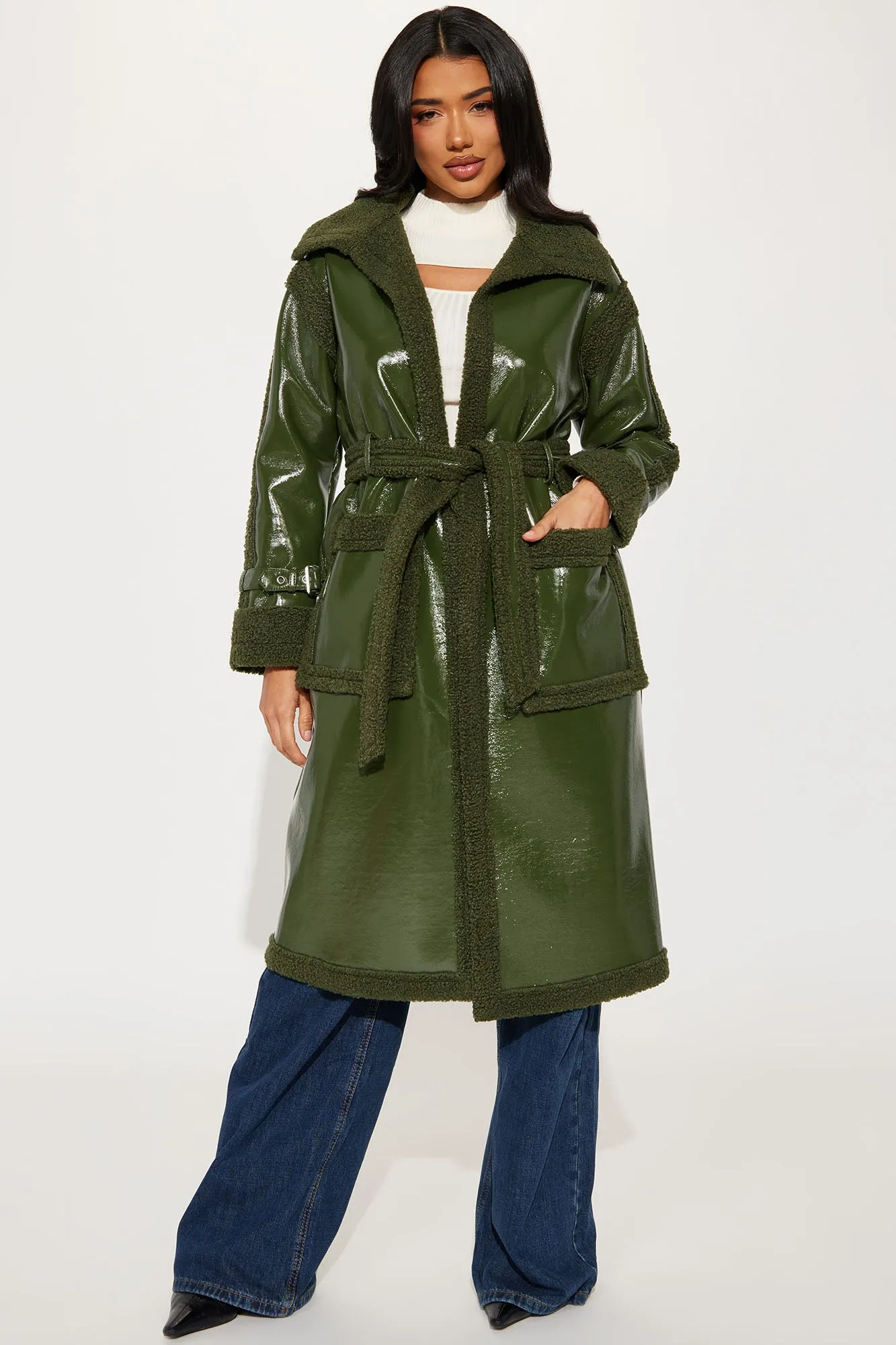 Bad Ideas Shearling Trench Coat - Olive