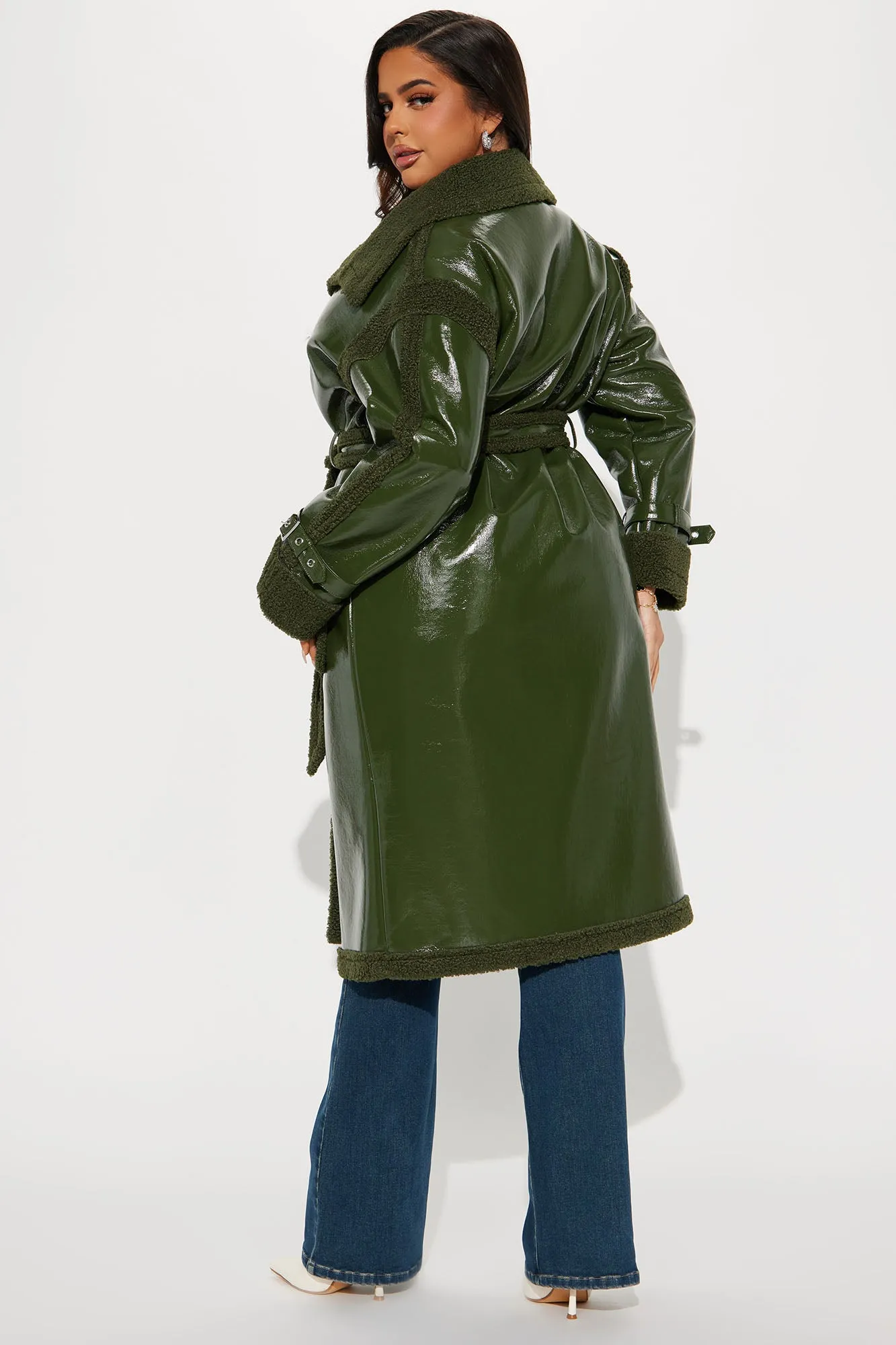 Bad Ideas Shearling Trench Coat - Olive