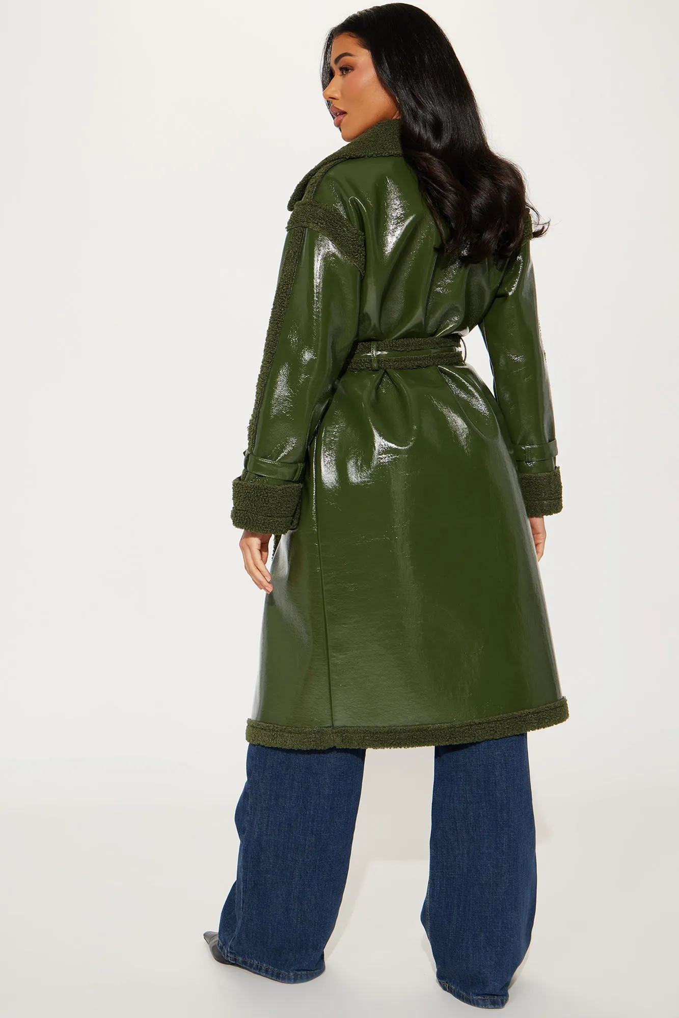 Bad Ideas Shearling Trench Coat - Olive