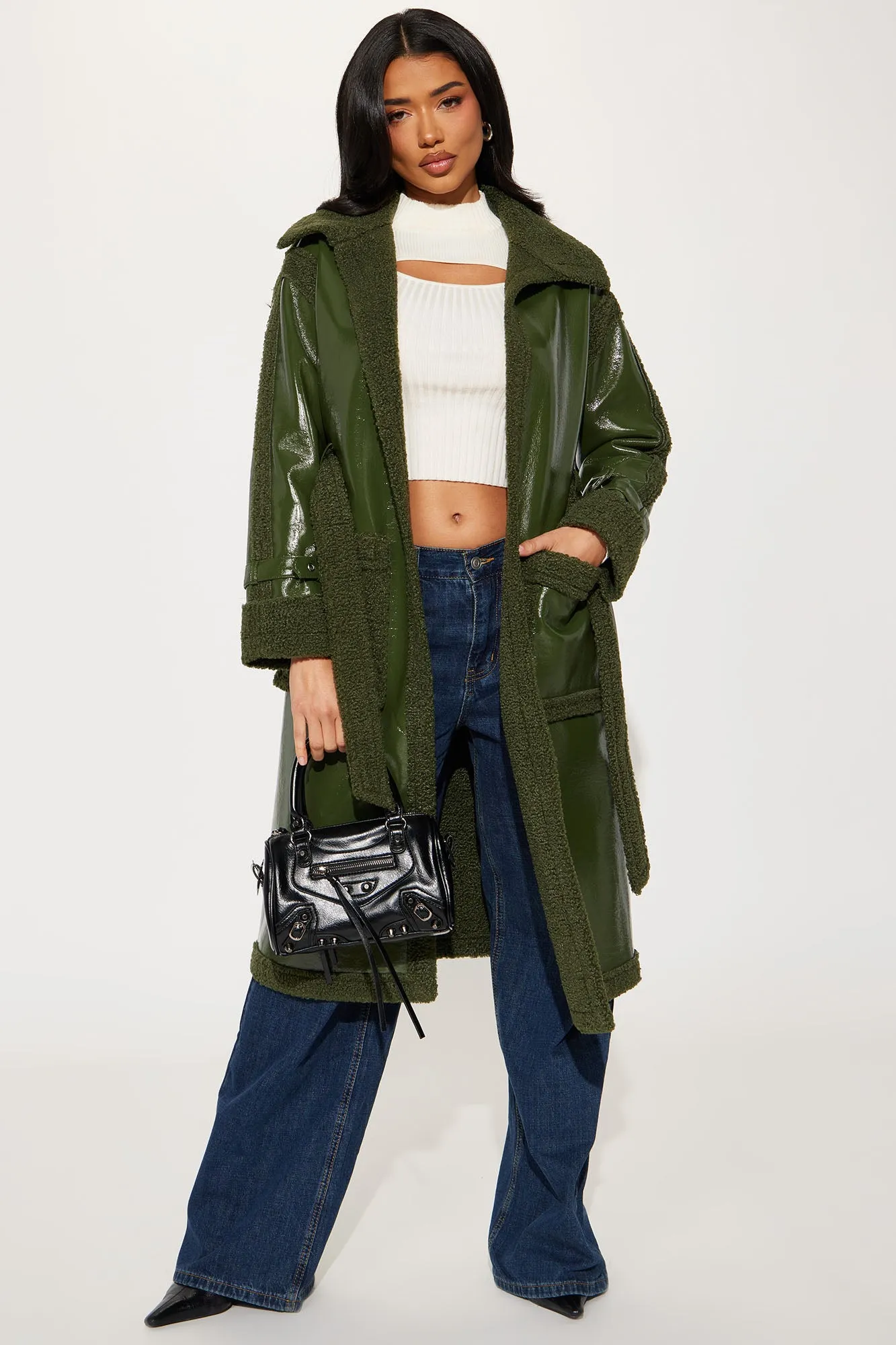 Bad Ideas Shearling Trench Coat - Olive