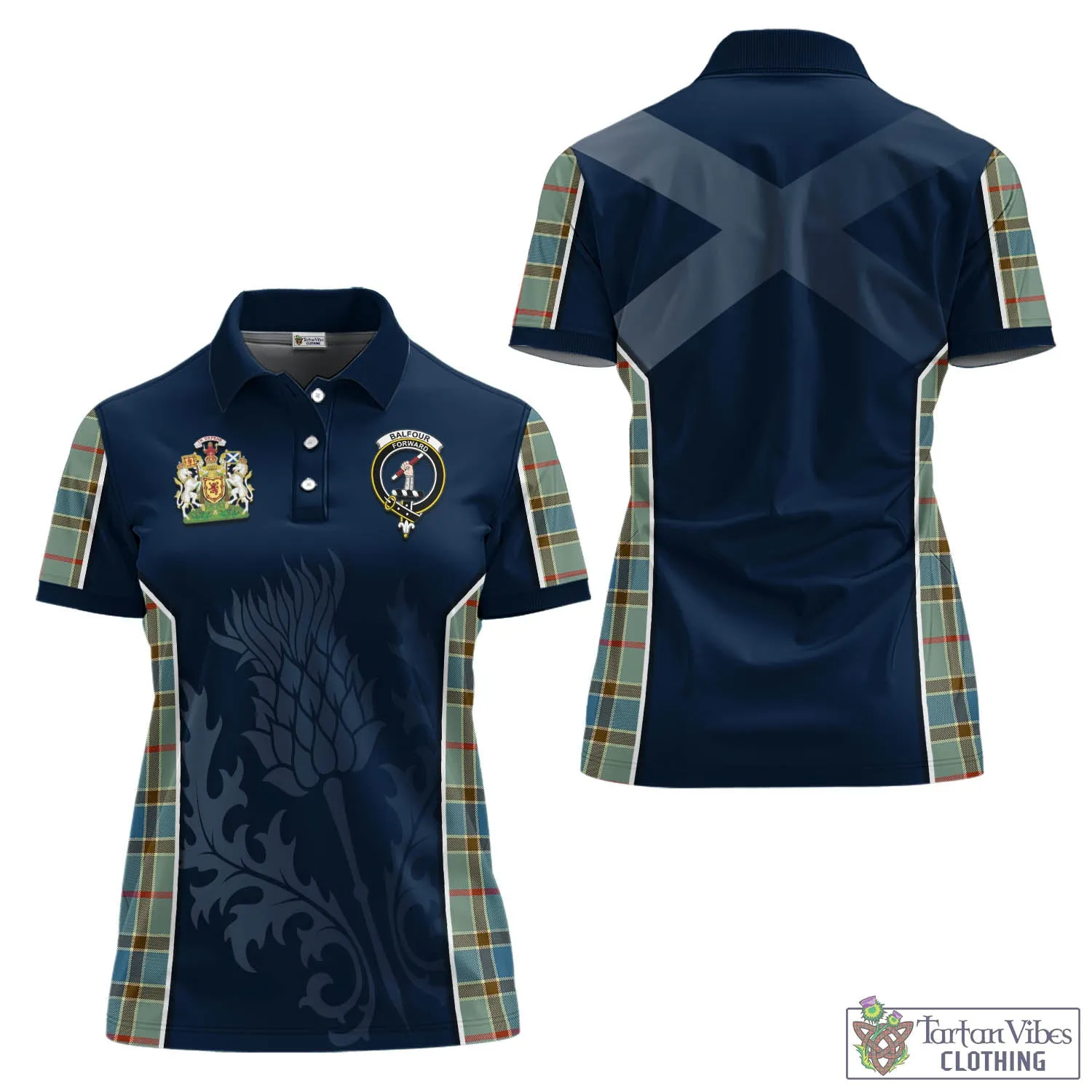 Balfour Blue Tartan Women's Polo Shirt with Family Crest and Scottish Thistle Vibes Sport Style