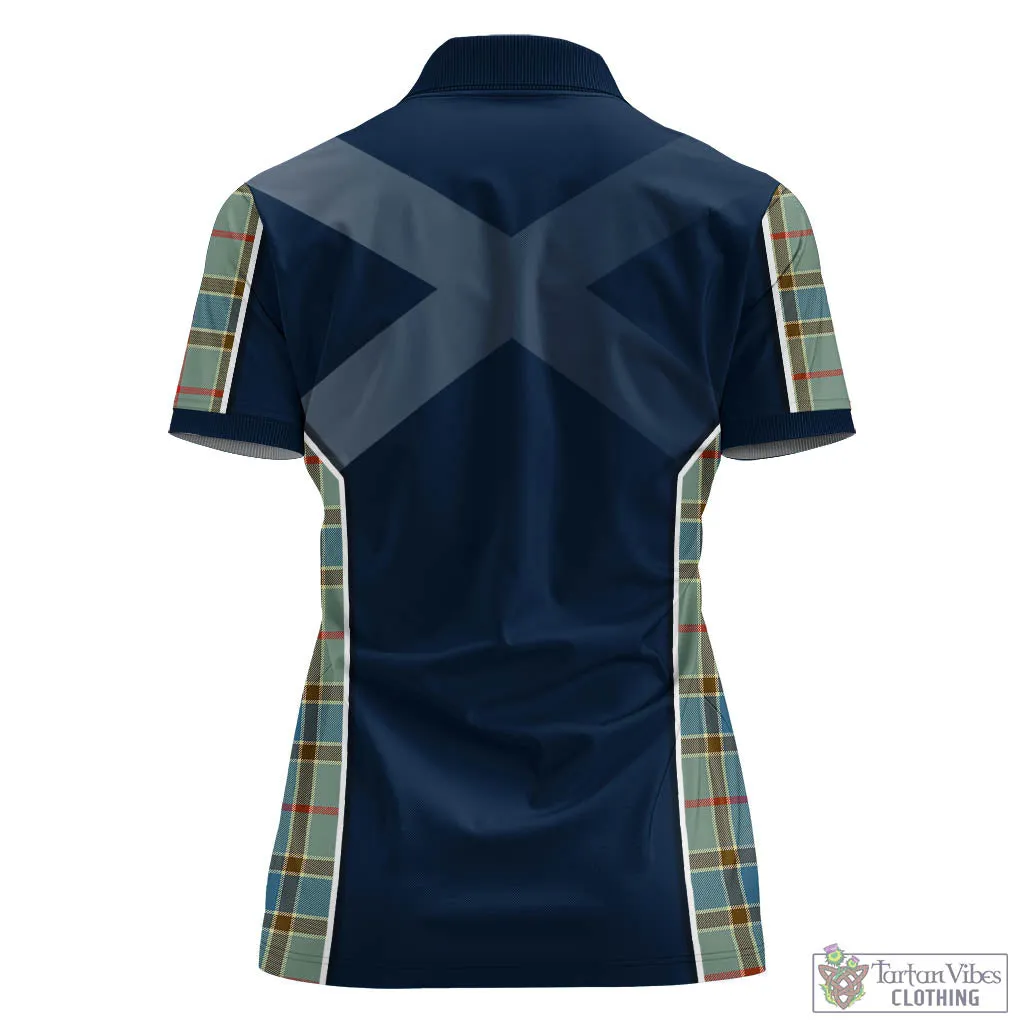 Balfour Blue Tartan Women's Polo Shirt with Family Crest and Scottish Thistle Vibes Sport Style