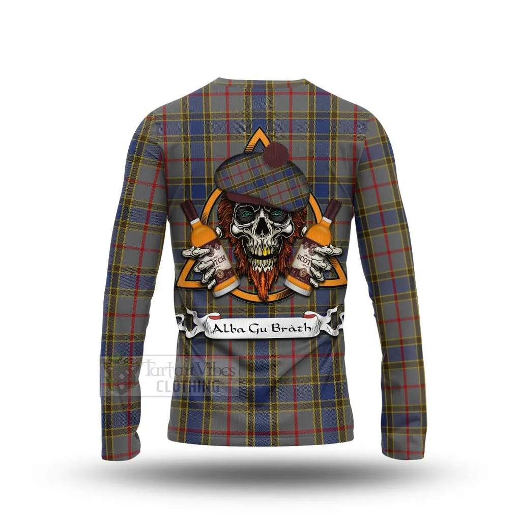 Balfour Tartan Long Sleeve T-Shirt with Family Crest and Bearded Skull Holding Bottles of Whiskey