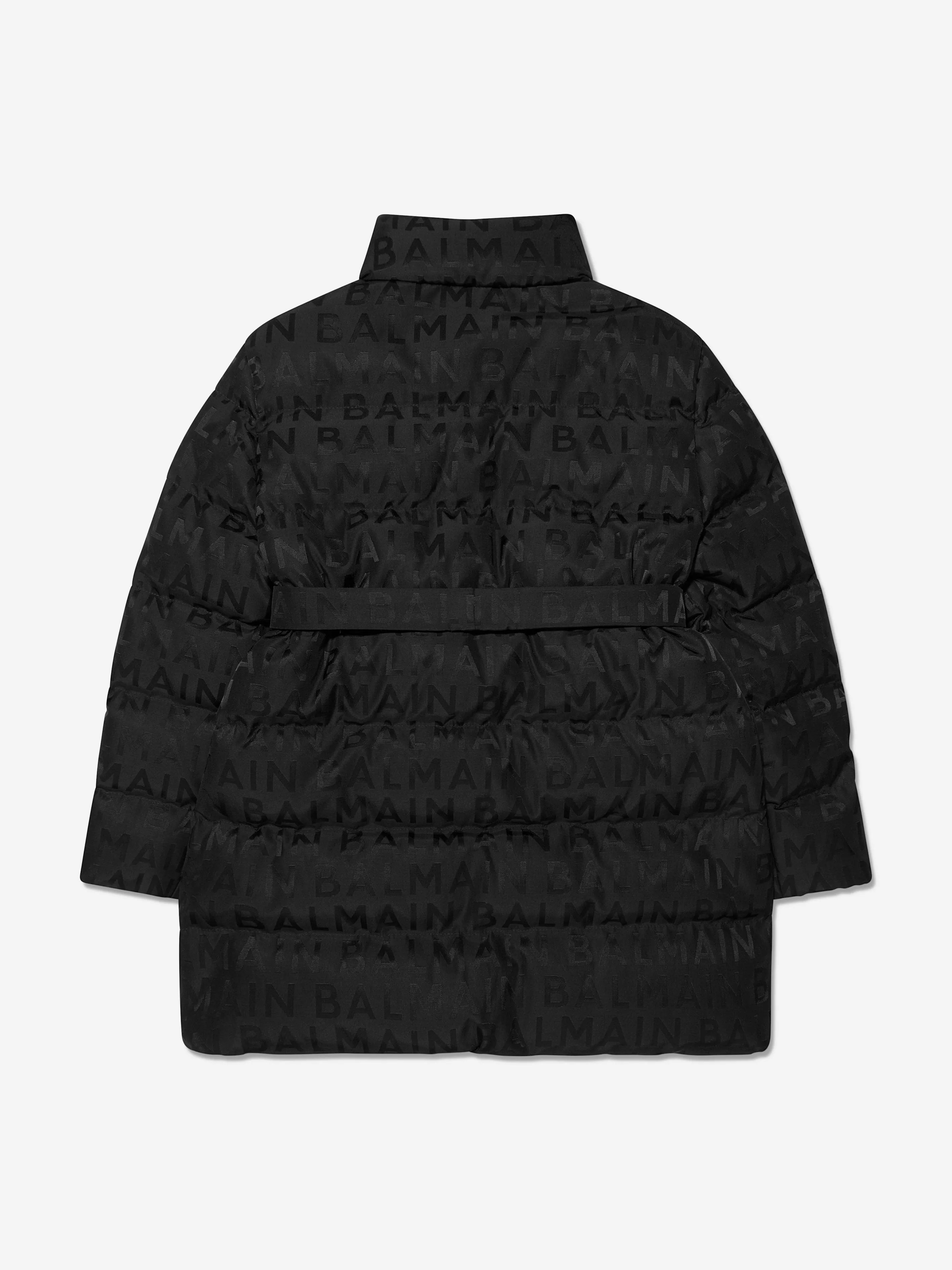 Balmain Girls Tech Jacquard Puffer Coat in Black