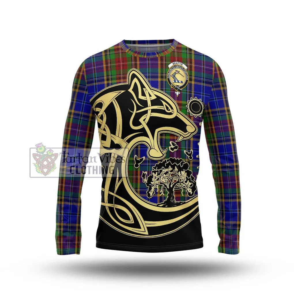 Beattie Tartan Long Sleeve T-Shirt with Family Crest Celtic Wolf Style