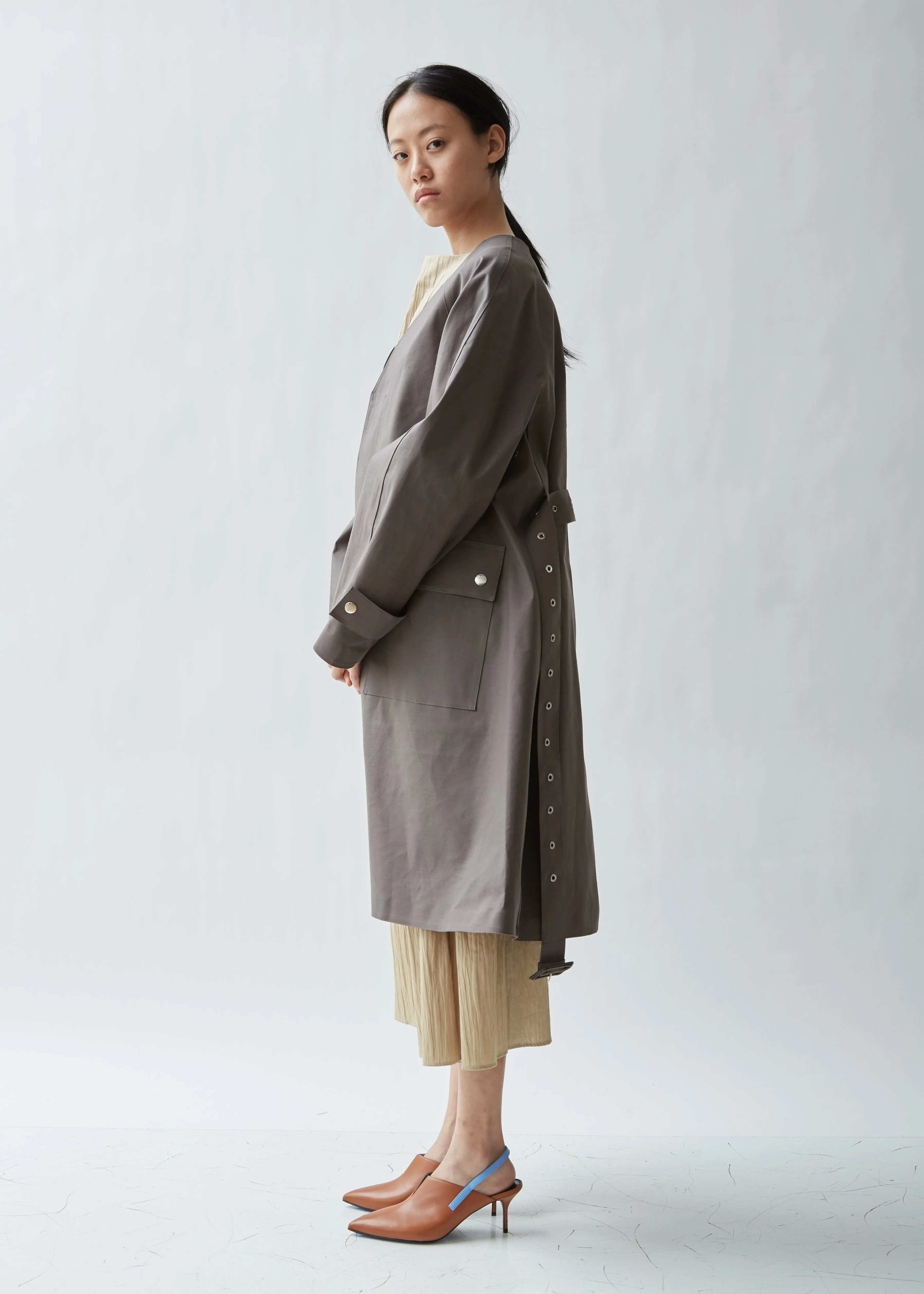 Belted Collarless Trench Coat