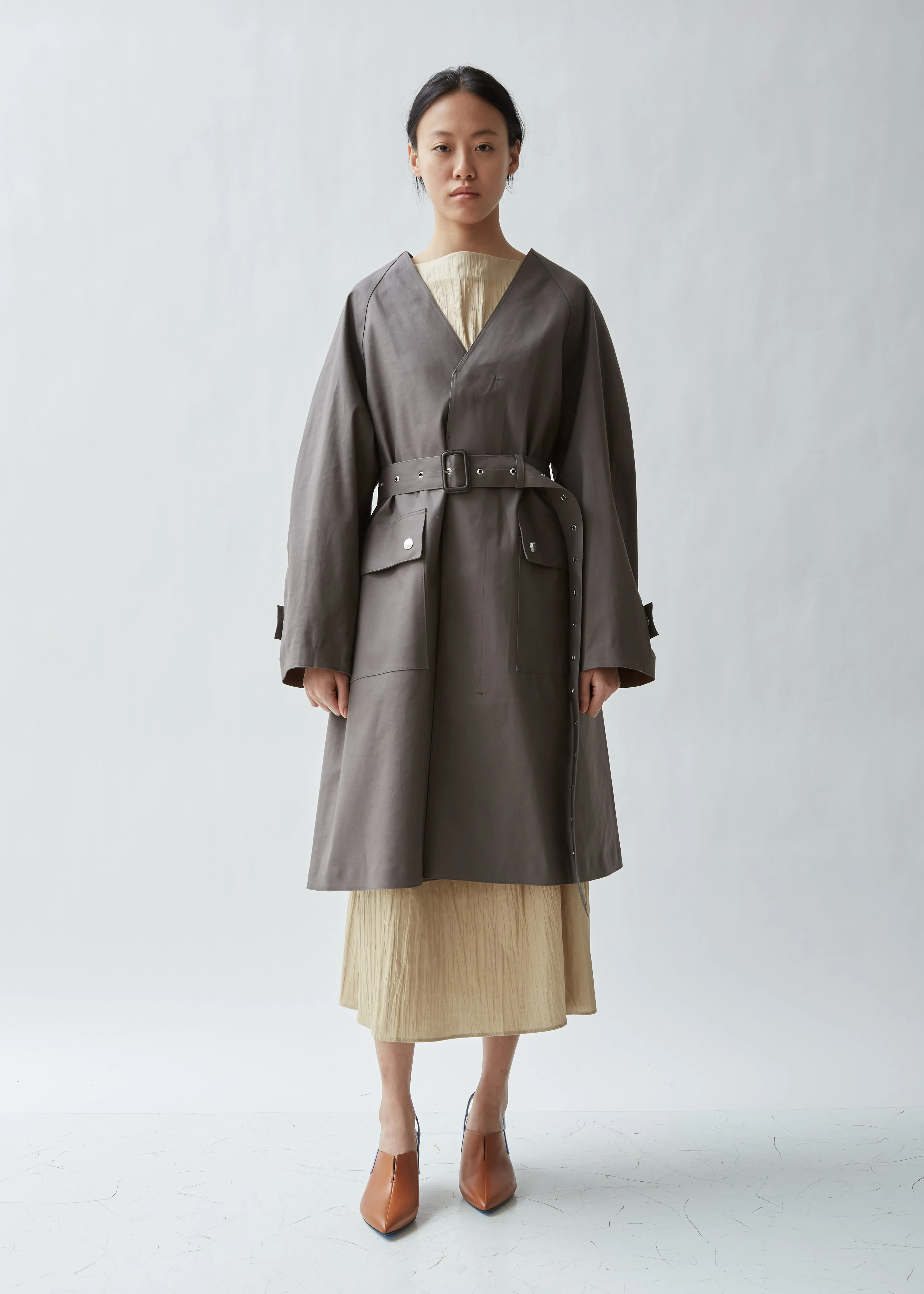 Belted Collarless Trench Coat