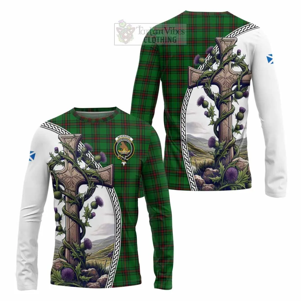 Beveridge Tartan Long Sleeve T-Shirt with Family Crest and St. Andrew's Cross Accented by Thistle Vines