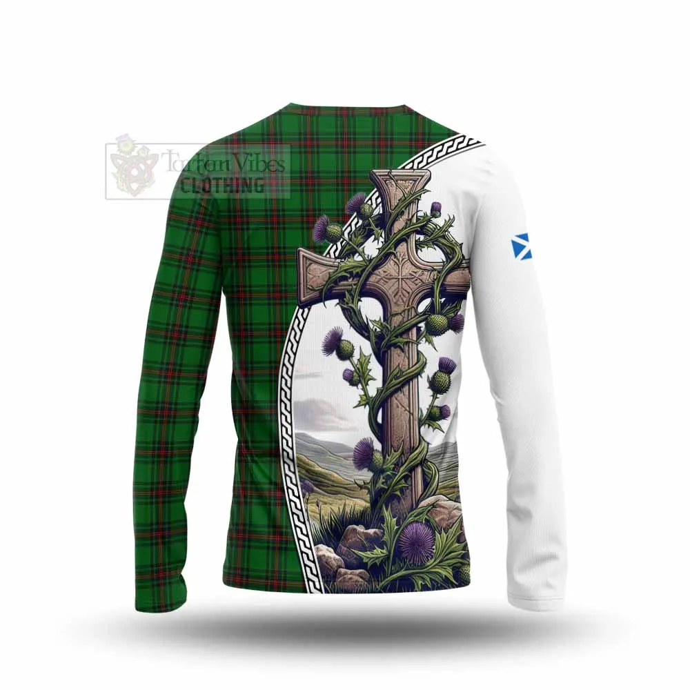 Beveridge Tartan Long Sleeve T-Shirt with Family Crest and St. Andrew's Cross Accented by Thistle Vines