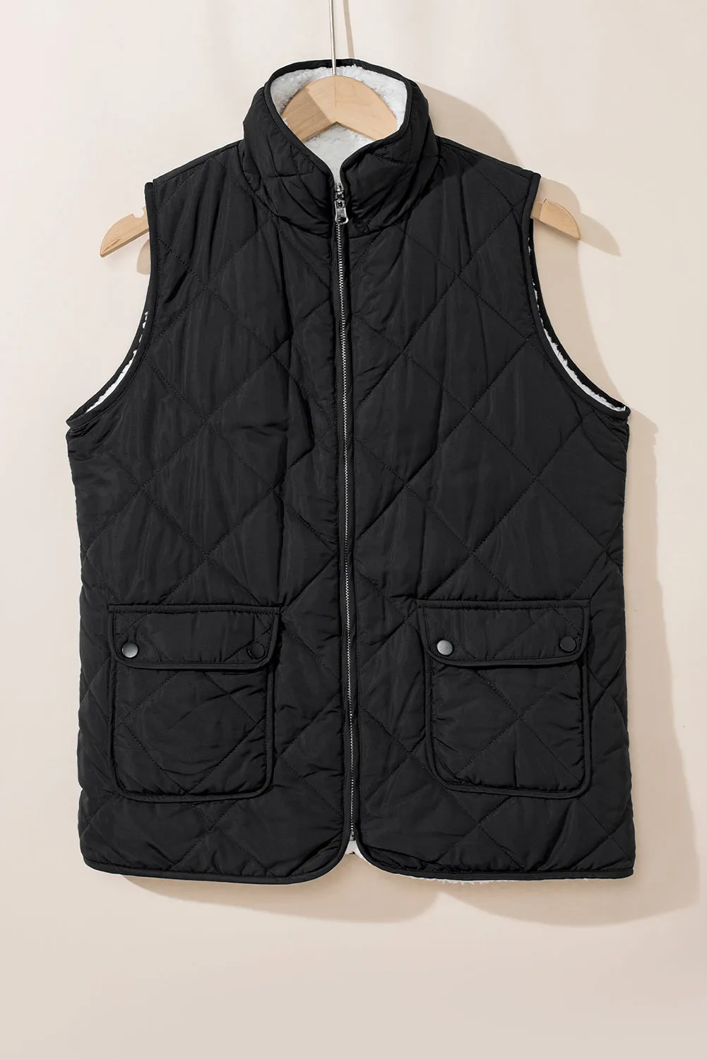 Black Fleece Lined Quilted Zip up Vest Coat