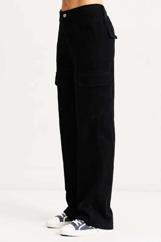 Black High Rise Straight Fit Corduroy Cargo Pants