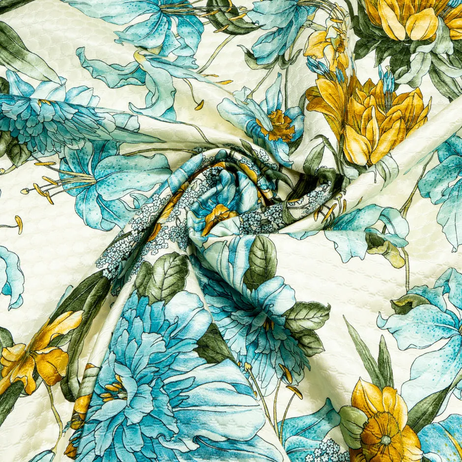 Blue & Mustard Yellow Floral Printed Ivory Cloqué