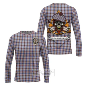 Boswell Tartan Long Sleeve T-Shirt with Family Crest and Bearded Skull Holding Bottles of Whiskey