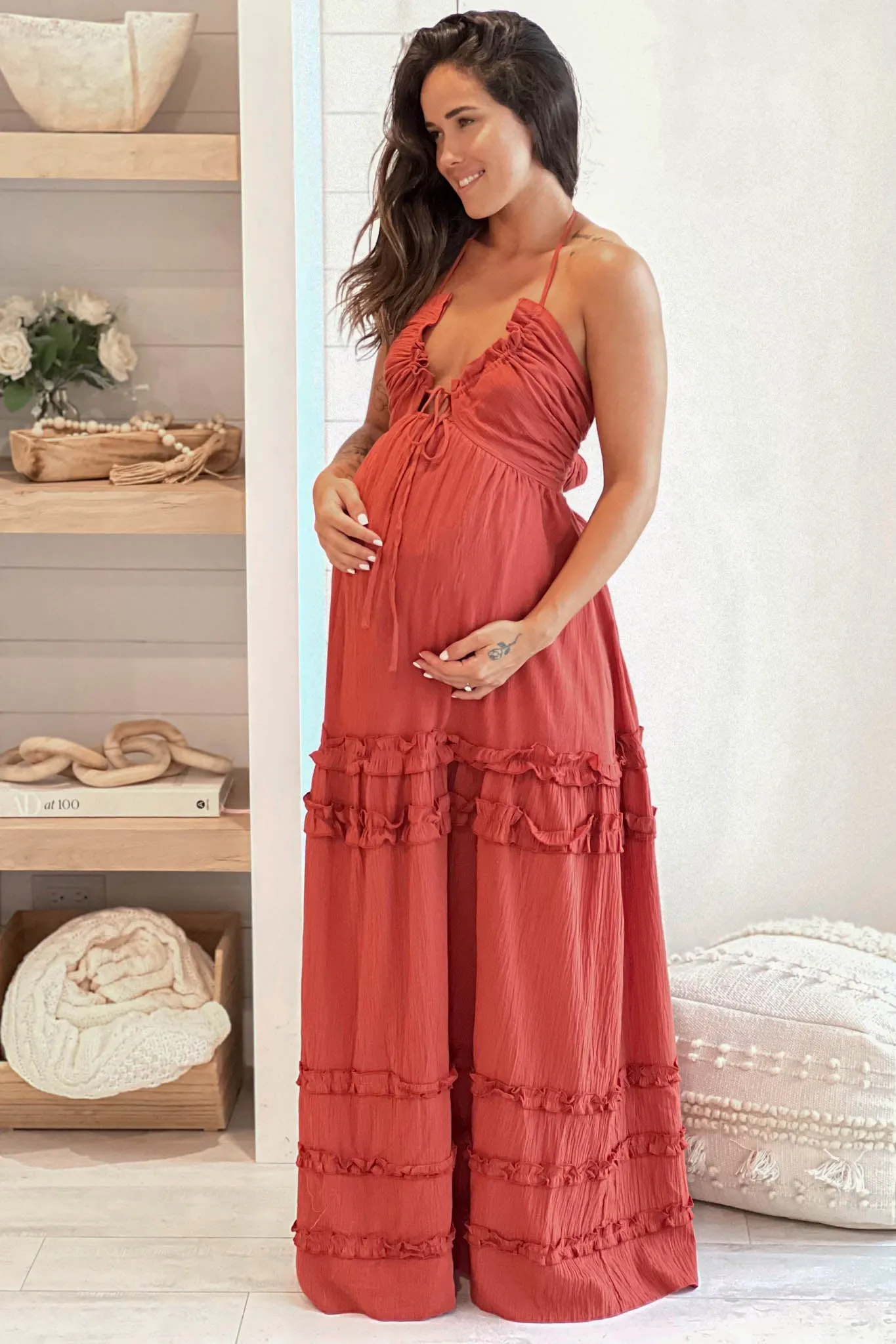 Brick Maternity V-Neck Maxi Dress