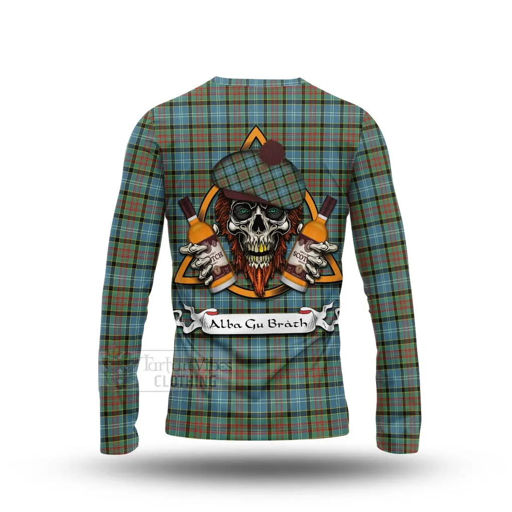 Brisbane Tartan Long Sleeve T-Shirt with Family Crest and Bearded Skull Holding Bottles of Whiskey