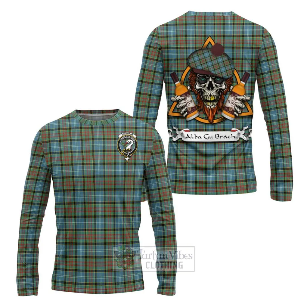 Brisbane Tartan Long Sleeve T-Shirt with Family Crest and Bearded Skull Holding Bottles of Whiskey