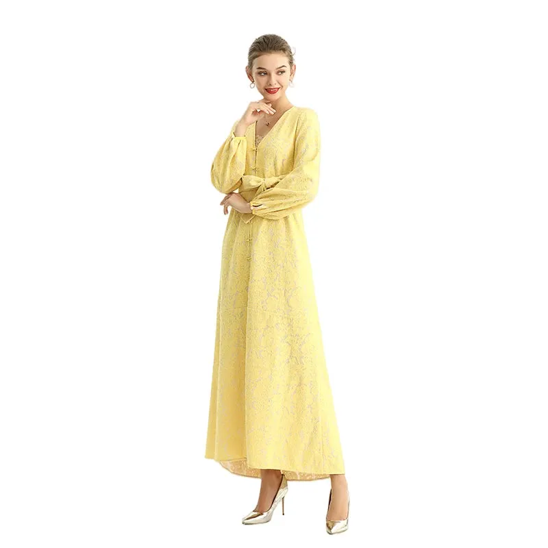 C165-2 Women bonded lace long sleeves evening maxi robe dress