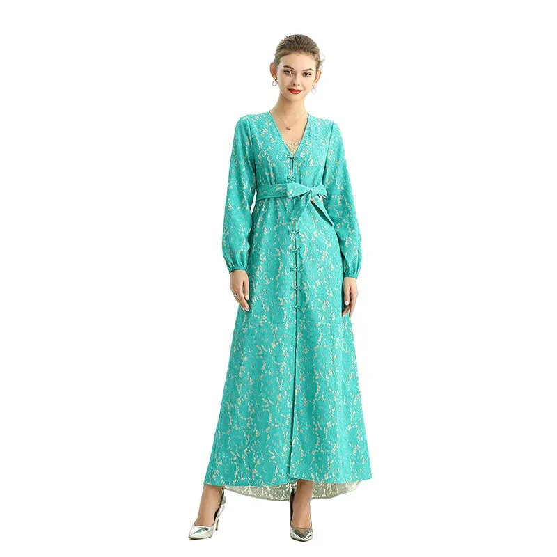 C165-2 Women bonded lace long sleeves evening maxi robe dress