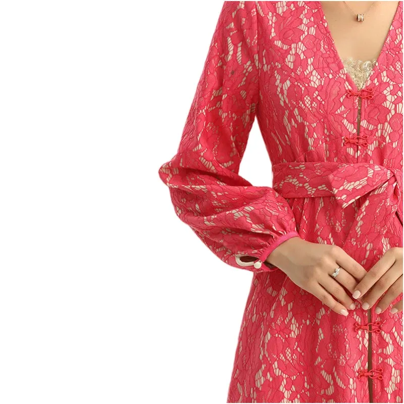 C165-2 Women bonded lace long sleeves evening maxi robe dress