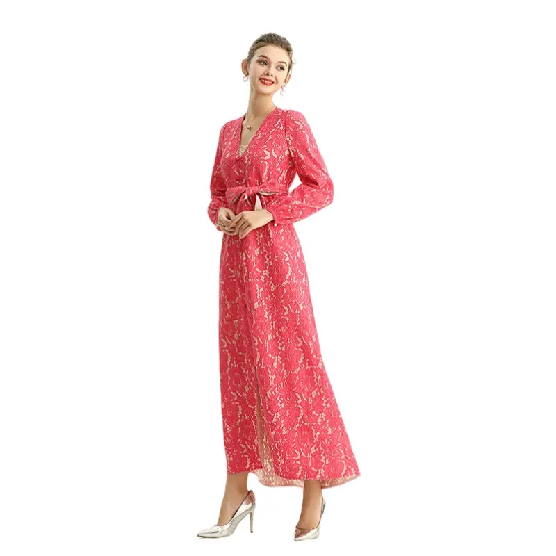 C165-2 Women bonded lace long sleeves evening maxi robe dress