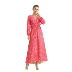 C165-2 Women bonded lace long sleeves evening maxi robe dress