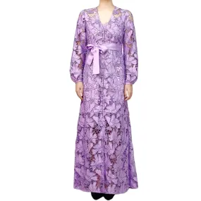 C165-3 Women cut out embroidery long sleeves waist-tie evening maxi robe dress