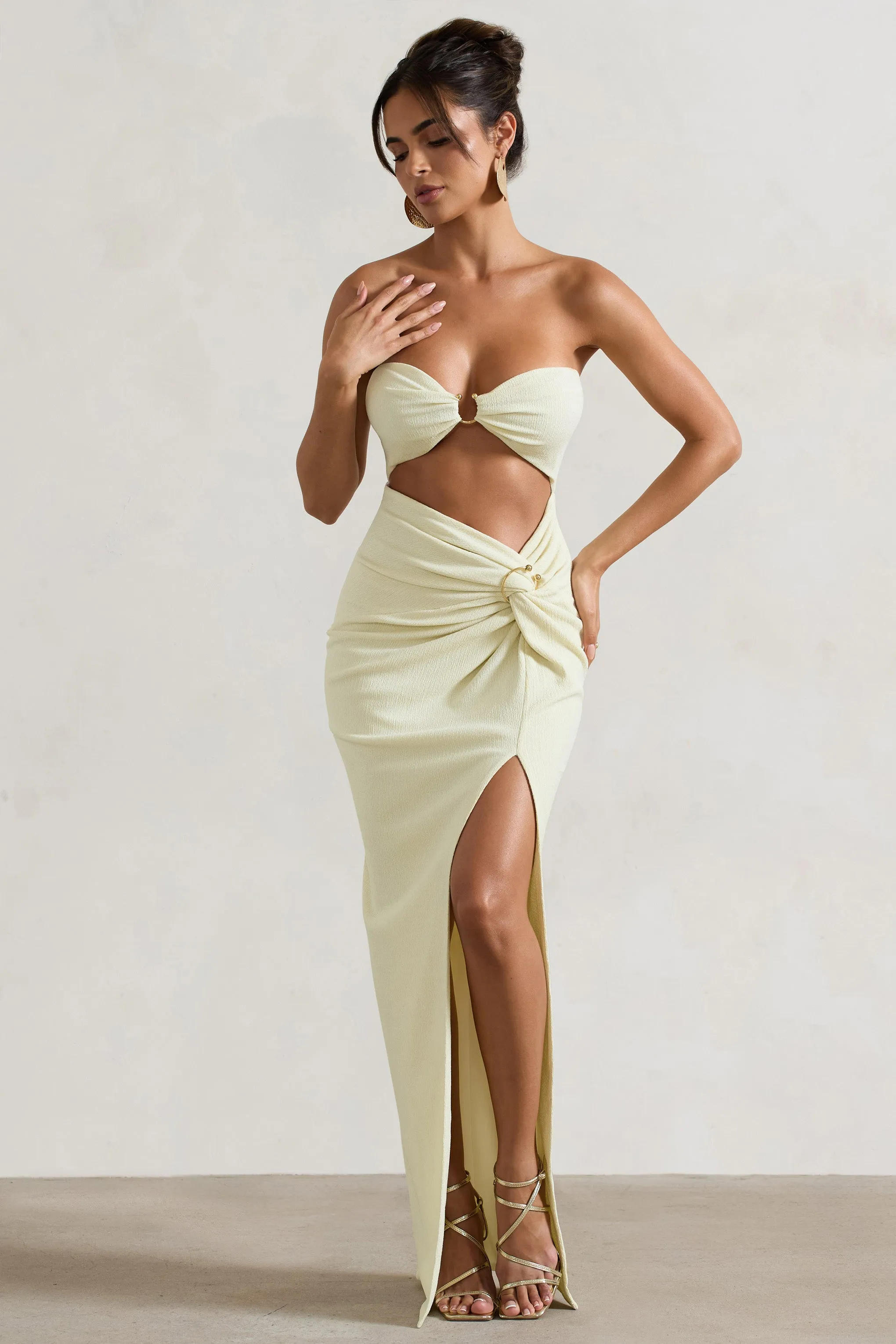 Cancun | Ecru Crinkle Strapless Cut-Out Maxi Dress With Twist