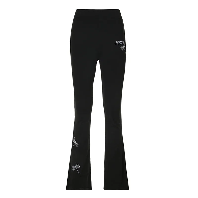 Casual Embroidery Slim Autumn Sweatpants Y2K Gothic Aesthetic Basic Flared Trousers Women Korean Full Length Capris