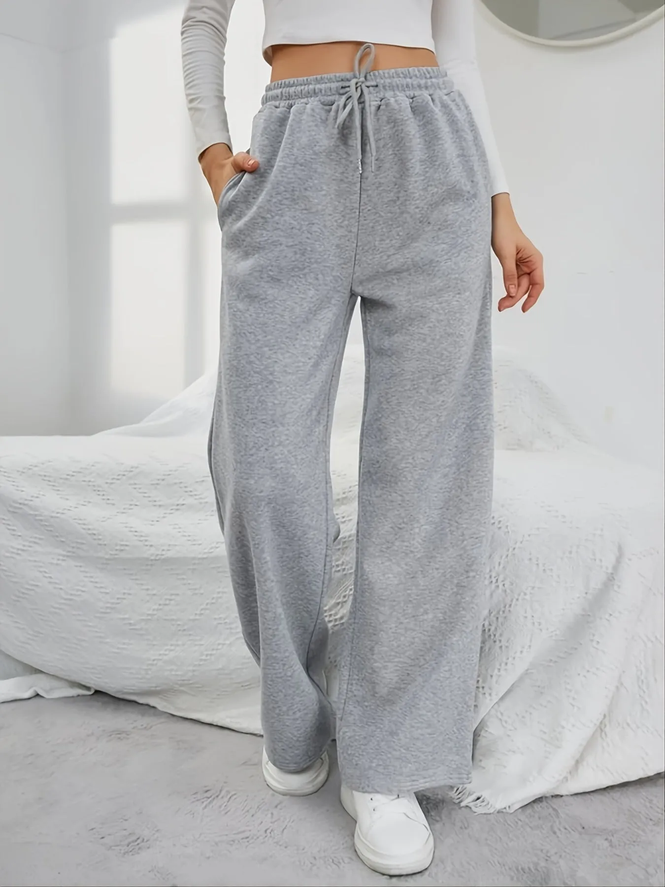 Casual Loose Long Solid Drawstring Fashion Slant Pocket Sweatpants